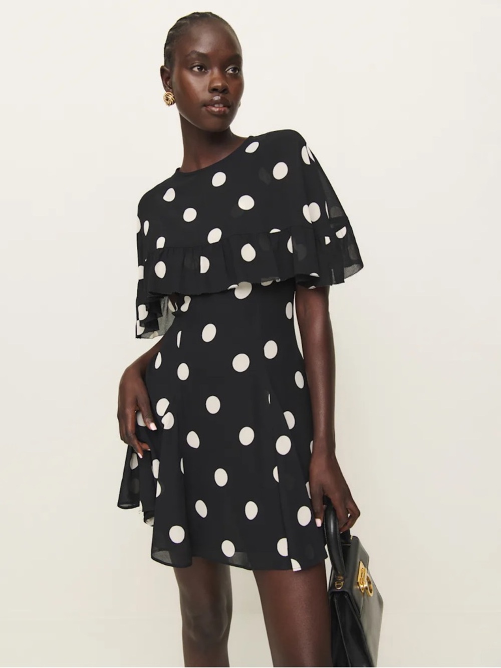 Reformation Zelena Dress - Black Mini Dress with White Polka Dots